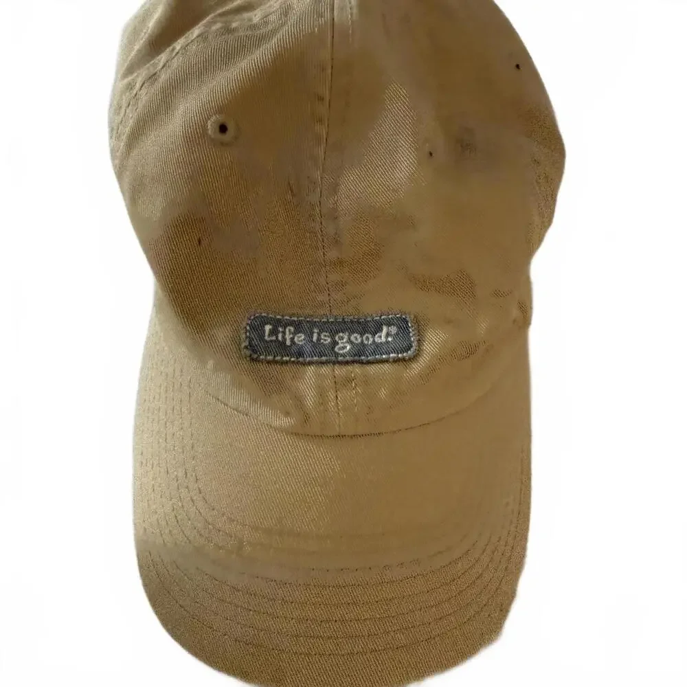 LIFE IS GOOD logo tan baseball hat.  Smile face on back.‎